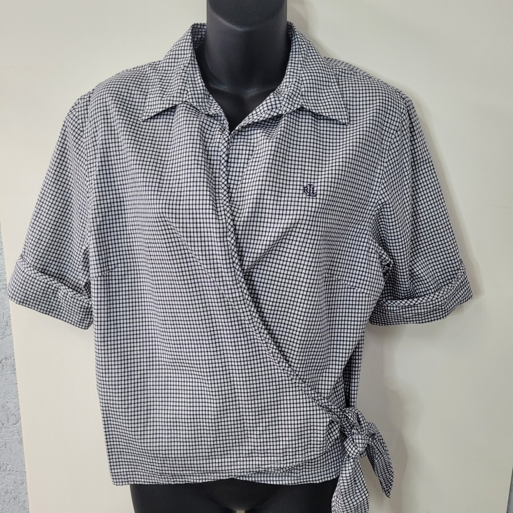 Lauren Ralph Lauren Navy White Gingham Wrap Top Short Sleeve Cotton Shirt L